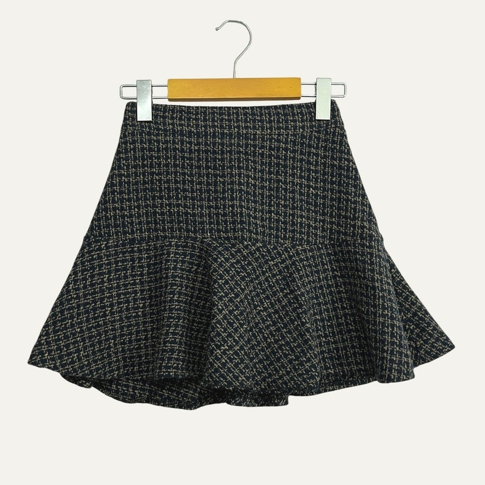 The Shew Navy Blue Tweed Houndstooth Ruffle Hem Mini Skirt Size F Faux Wool